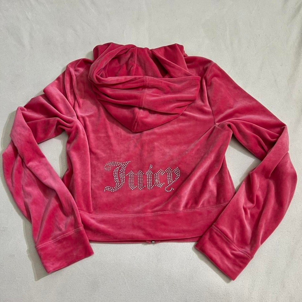 Juicy Couture Pink Velour Zip Up Hoodie Rhinestones y2k girly feminine sparkles